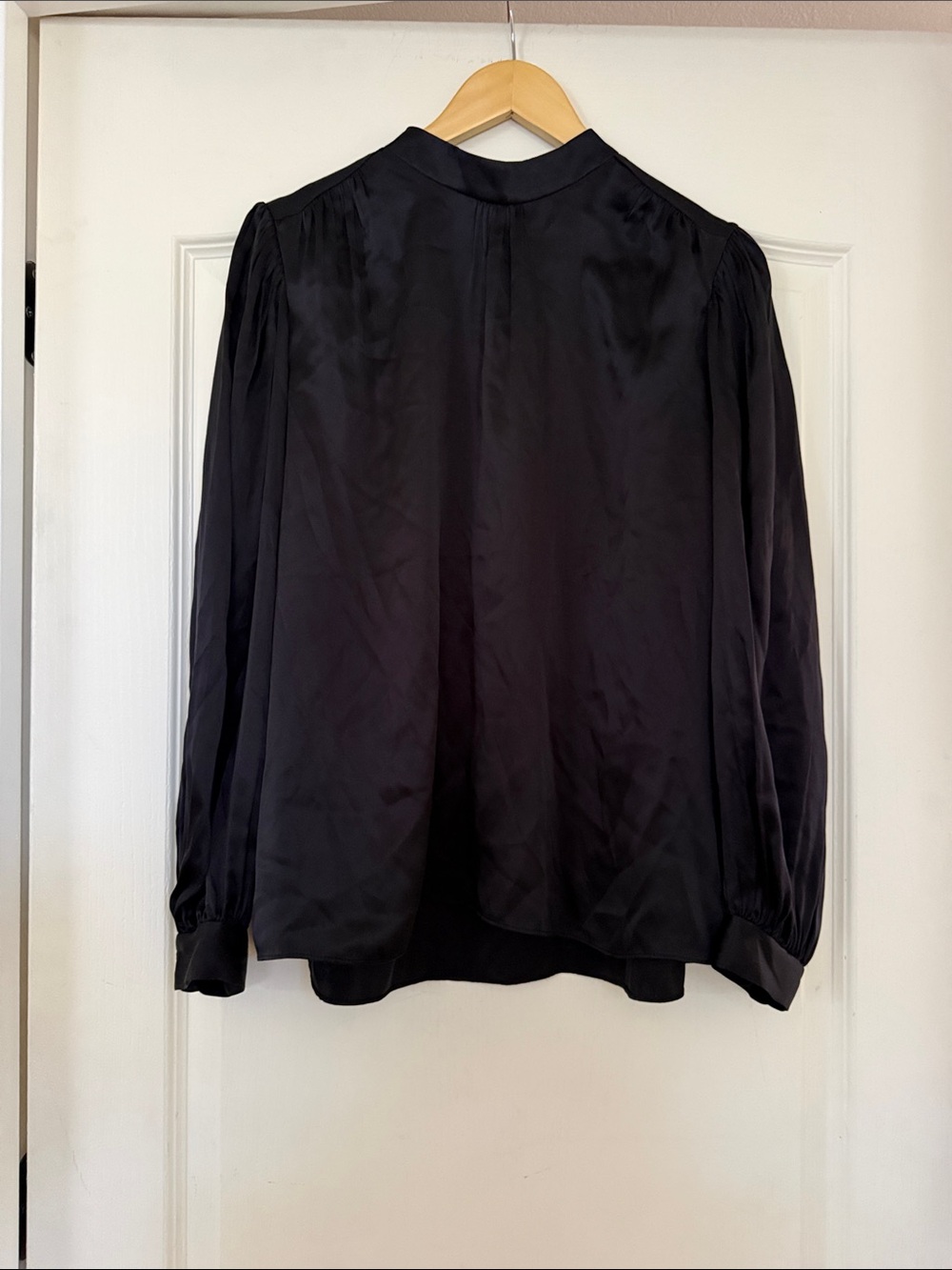Frame Denim Black Satin High-Neck Blouse with Puff Sleeves